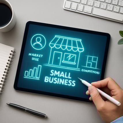 A bright and professional 11 aspect ratio image showing a topdown view of a modern desk On the desk a glowing digital blueprint of a small business like a coffee shop or an online store is being drawn on a tablet The blueprint is composed of clear in-1