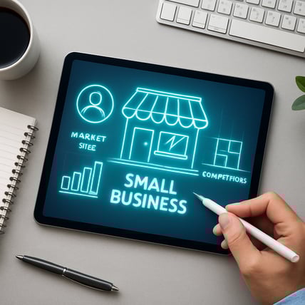 A bright and professional 11 aspect ratio image showing a topdown view of a modern desk On the desk a glowing digital blueprint of a small business like a coffee shop or an online store is being drawn on a tablet The blueprint is composed of clear in-1