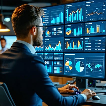 A business analyst working with a digital dashboard displaying market insights sales data and customer behavior charts in a office setting With less zoom