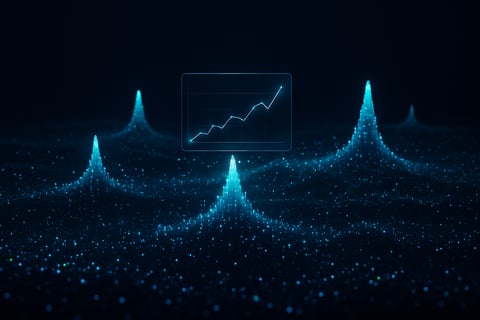 A cinematic 169 aspect ratio image depicting a vast dark data landscape styled like a sophisticated analytics dashboard The landscape is a topographical map made of thousands of tiny glowing data points In this landscape several peaks are glowing muc-2