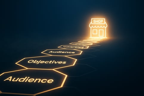 A cinematic and motivational 169 aspect ratio image It depicts a clear illuminated path made of hexagonal tiles moving from the foreground into the distance Each tile is subtly labeled with a step from the market research process eg Objectives Audien