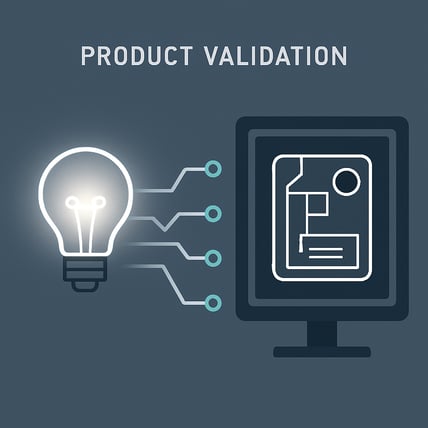 A clean minimalist 11 aspect ratio image illustrating the product validation process On the left side a glowing wireframe lightbulb represents a new idea A series of abstract digital lines and checkpoints flow from it to the right side where it trans-1