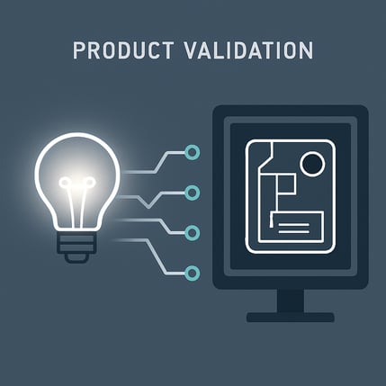 A clean minimalist 11 aspect ratio image illustrating the product validation process On the left side a glowing wireframe lightbulb represents a new idea A series of abstract digital lines and checkpoints flow from it to the right side where it trans-1