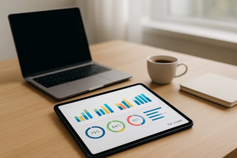 A clean minimalist photograph of a modern laptop and a tablet on a wooden office desk The tablet screen shows a sophisticated data dashboard with colo-1