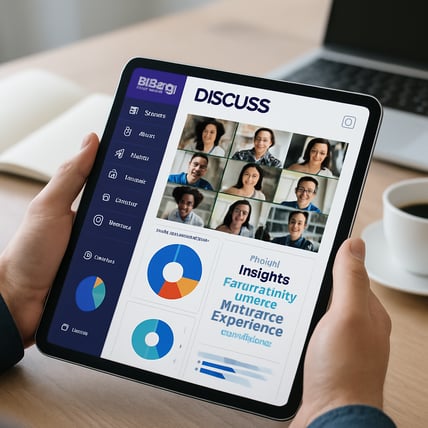 A closeup of a persons hands holding a tablet displaying a modern online market research platform interface called Bilendi Discuss The screen shows a