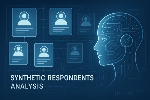 A conceptual image showing a futuristic interface where digital avatar profiles representing synthetic respondents are being analyzed by an artificial intelligence The color palette is professional with shades of blue and white evoking technology and-1