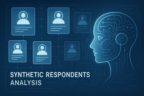 A conceptual image showing a futuristic interface where digital avatar profiles representing synthetic respondents are being analyzed by an artificial intelligence The color palette is professional with shades of blue and white evoking technology and-1