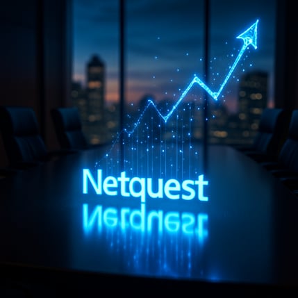 A conceptual square photograph in a modern boardroom at dusk The Netquest logo is glowing in blue light on the polished conference table Abstract data-1