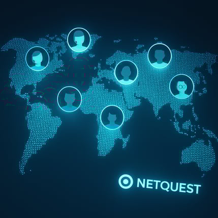 A highend professional 3D render of a stylized world map made of glowing digital dots Over the map several diverse profile icons avatars are highlight-1