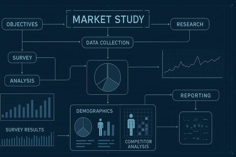 A highquality conceptual image styled like a futuristic blueprint or a headsup display It lays out the entire process of a market study with interconnected nodes flowcharts and data visualizations Elements include demographic charts survey response d