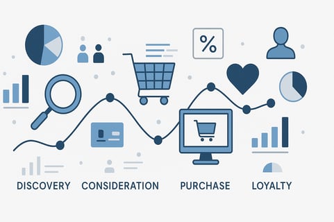 A highquality digital illustration for a blog about market research A stylized customer journey map for an online store showing icons for discovery consideration purchase and loyalty Each stage is connected by datadriven lines and surrounded by small-1