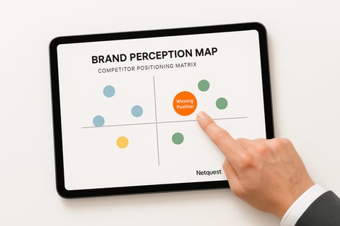 A minimalist and clean topdown view of a digital tablet displaying a Brand Perception Map or Competitor Positioning Matrix Several colored circles rep