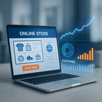 A photorealistic corporatestyle image for a blog about ecommerce market research A modern laptop on a clean desk displays a vibrant online store interface Abstract glowing data charts and graphs emanate from the screen visualizing sales trends and cu-1