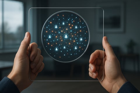 A photorealistic image with a conceptual feel A persons hands are holding a digital transparent tablet that functions as a magnifying glass Through the tablet we see a complex network of glowing data points and user icons while the world outside the-3