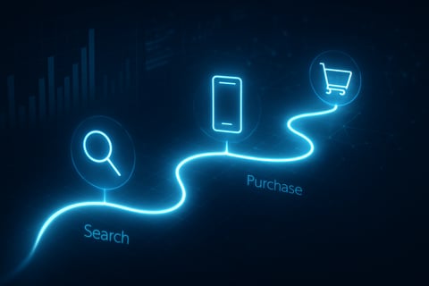 A professional and cinematic 169 aspect ratio image illustrating the concept of a digital customer journey analysis A luminous glowing path winds across the screen punctuated by key touchpoint icons like a magnifying glass search a smartphone app usa-1