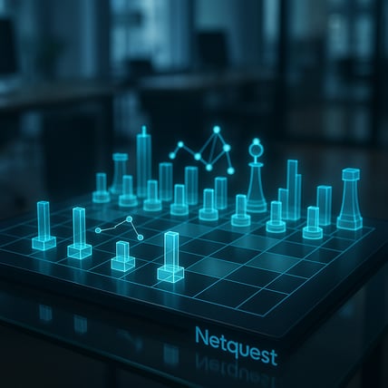A professional hightech conceptual image of a futuristic chessboard on a glass desk The chess pieces are replaced by glowing holographic bar charts an-2