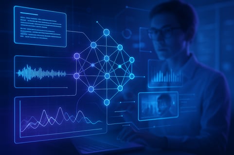 A sleek futuristic interface displaying data analysis with holographic projections Neural networks and graphs connect diverse information sources like-3