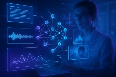 A sleek futuristic interface displaying data analysis with holographic projections Neural networks and graphs connect diverse information sources like-3