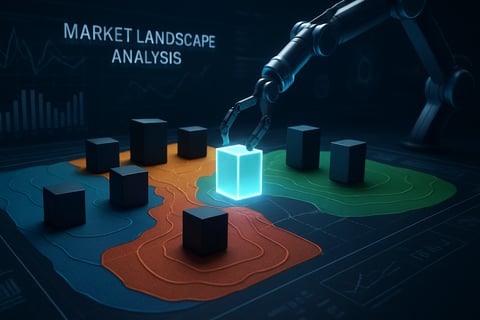 A strategic 169 aspect ratio image depicting a market landscape analysis The scene is a 3D topographical map representing customer segments in different colors Several solid blocks are placed on the map symbolizing existing competitor products A new