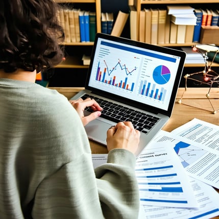 A university student conducting an online academic survey on a laptop surrounded by books statistics graphs and ethical consent forms