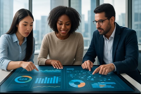 A wideangle landscape photograph in a modern sunlit office showing a diverse team of three market research analysts two women one man collaborating ar-1