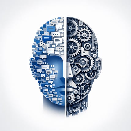 Abstract Human Face Split into Text Bubbles and Digital Gears