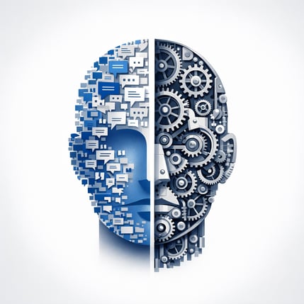 Abstract Human Face Split into Text Bubbles and Digital Gears