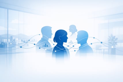 Abstract Human Profiles Connected by Data Lines in Minimalist Barcelona Office B