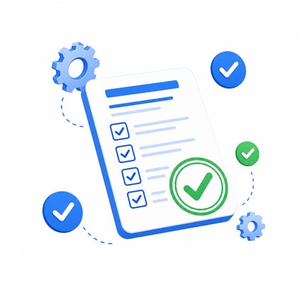 Checklist Validation with Green Stamp and Subtle Gear Symbols