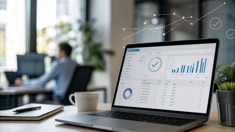 Data Dashboard Approval with Professional Office Background