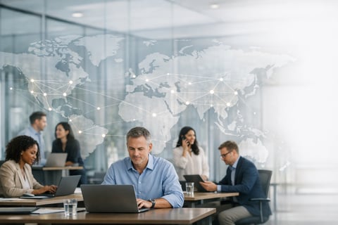Global Office Panorama with Subtle Network Nodes Connecting People Worldwide