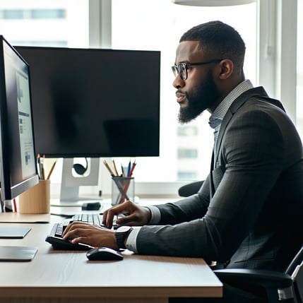 I want to see a black man sitted in his office table Working with a computer and struggling with any problem