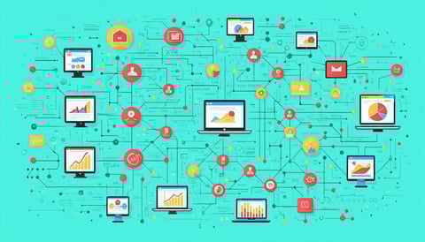 Illustration of a modern marketing information system with data sources like CRM social media surveys and predictive analytics interconnected in a visual flowchart-1