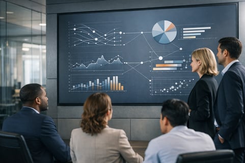 Modern Office with Analysts Monitoring a Giant Screen Showing Web Navigation Dat