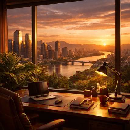 Office Desk with City Views and Warm Colors