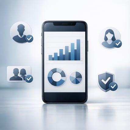 Smartphone With Abstract Verified User Icons and Soft Color Graphs