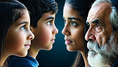 show me 4 faces 1 adolescent one young another adult and one elder person All are looking each other-1